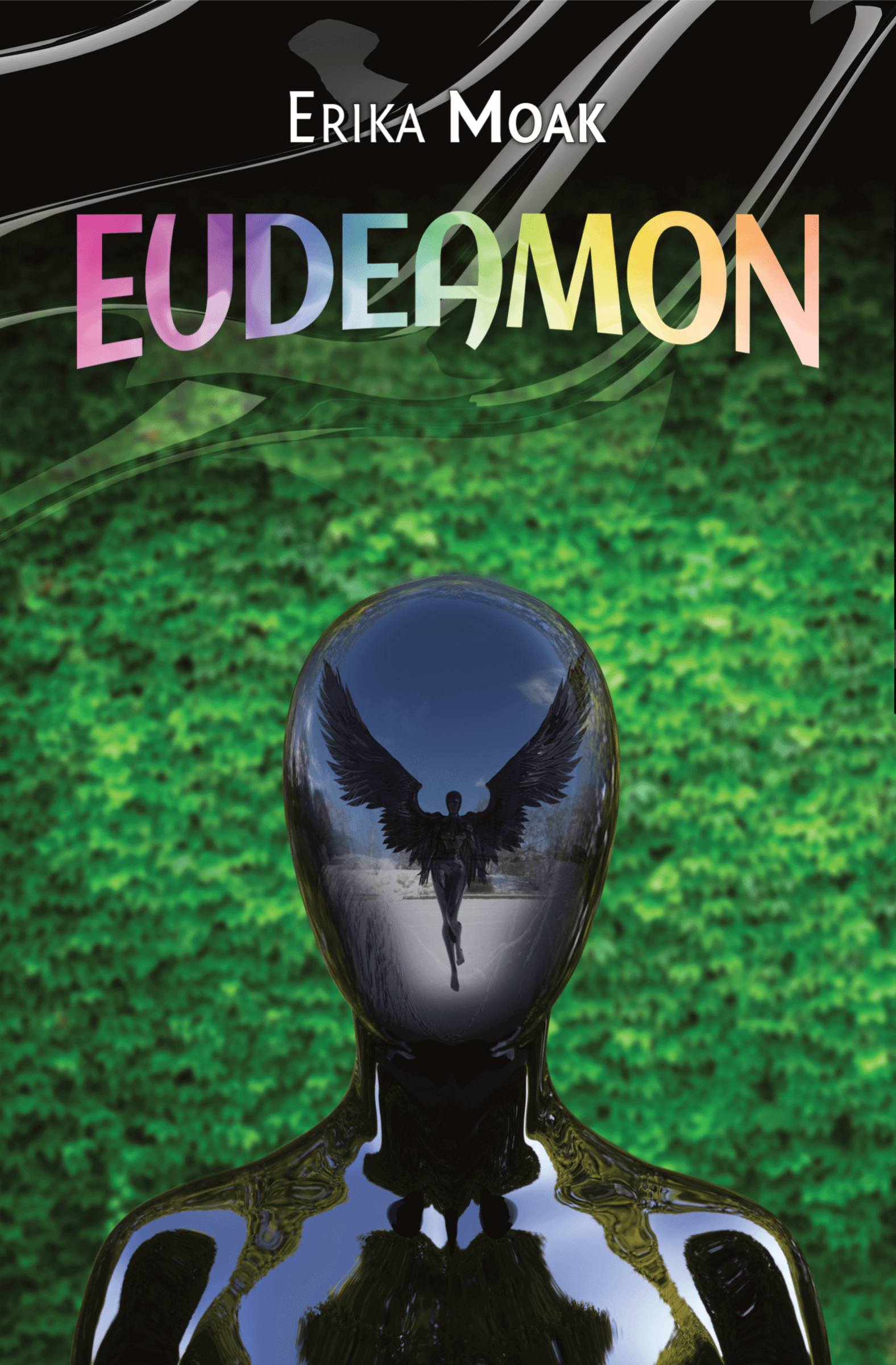The front cover for Eudeamon, feature the title in marbled rainbow letters, and a black latex clad figure with a featureless smooth helmet reflecting a similar figure with wings.