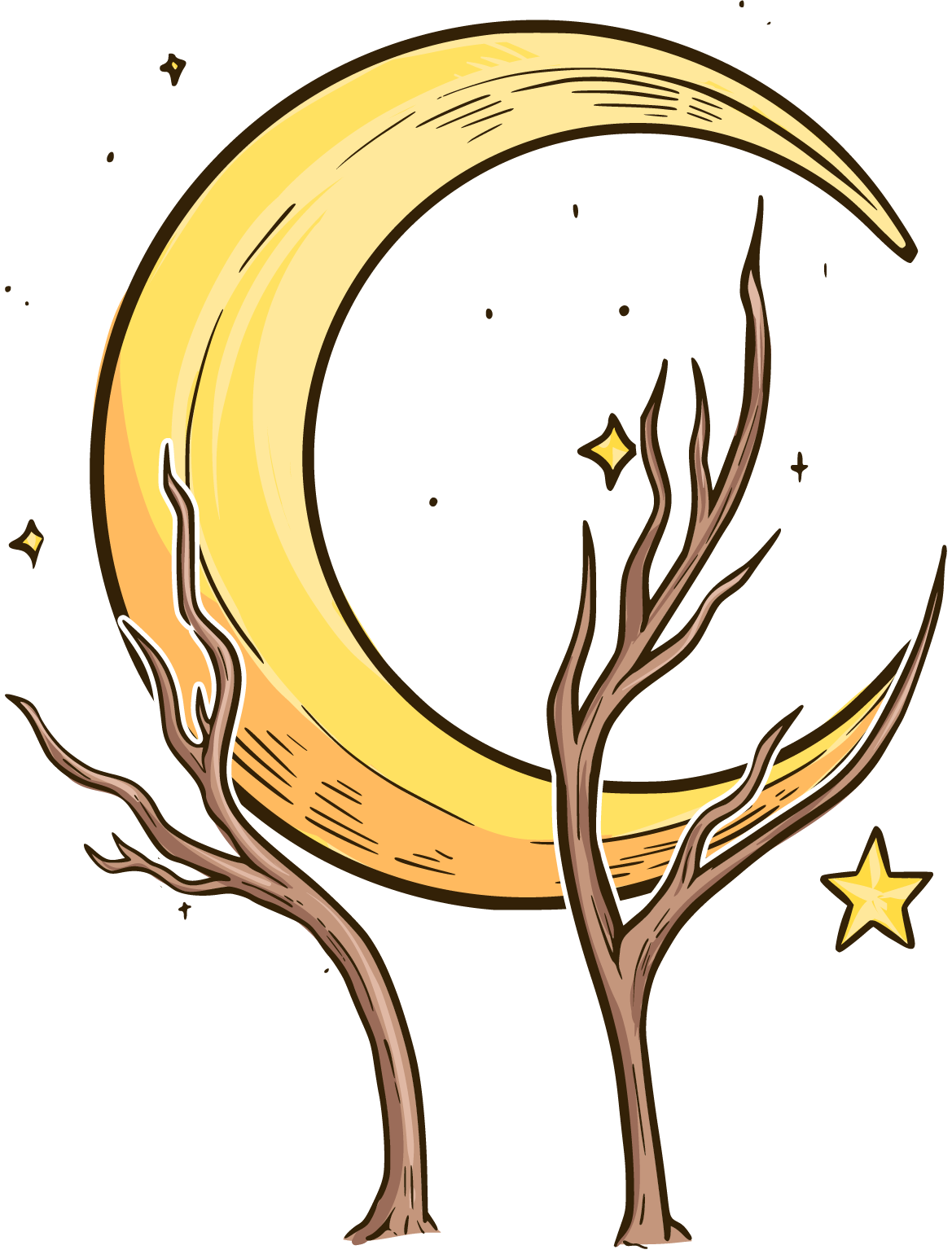 Bramble Hill Books logo of an illustrated crescent moon rising over bare tree branches.