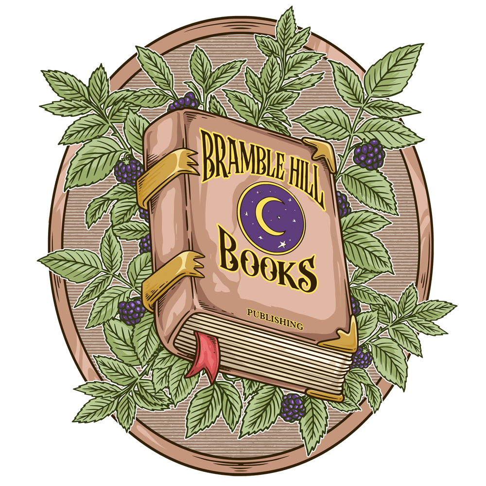 Bramble Hill Books logo of an illustrated book featuring the company's name on a field of blackberries. Resembles wooden sign.